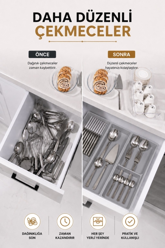 Çekmece İçi Bıçaklık Organizer Bölmeli Mutfak Düzenleyici Gri S-11029 - 2