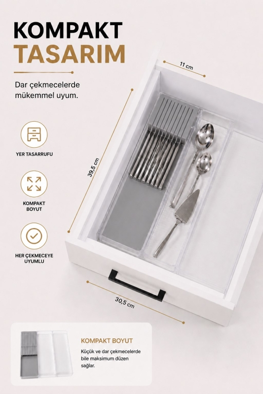 Çekmece İçi Bıçaklık Organizer Bölmeli Mutfak Düzenleyici Gri S-11029 - 4