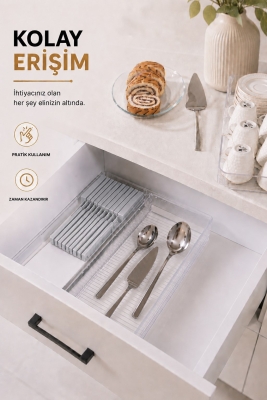 Çekmece İçi Bıçaklık Organizer Bölmeli Mutfak Düzenleyici Gri S-11029 - 6