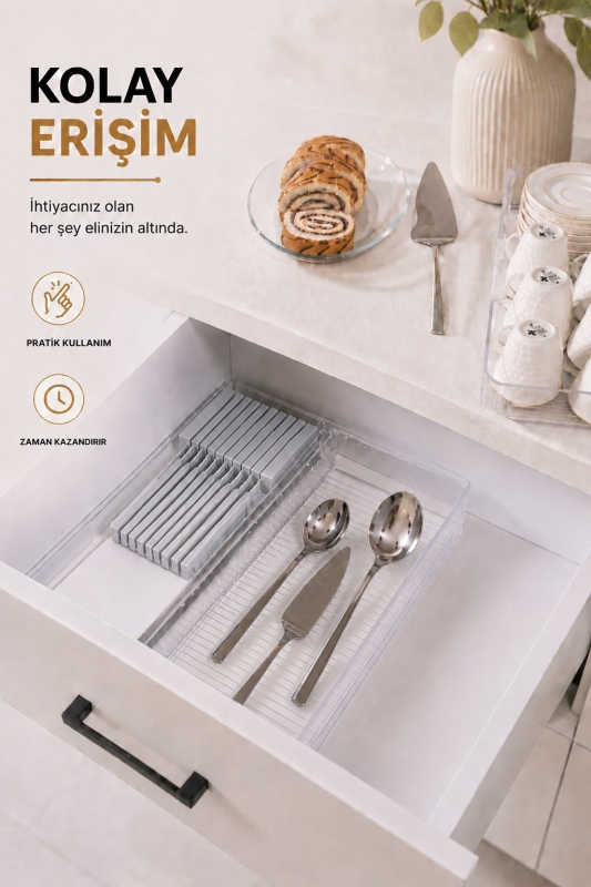 Çekmece İçi Bıçaklık Organizer Bölmeli Mutfak Düzenleyici Gri S-11029 - 6