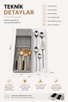Çekmece İçi Bıçaklık Organizer Bölmeli Mutfak Düzenleyici Gri S-11029 - 8