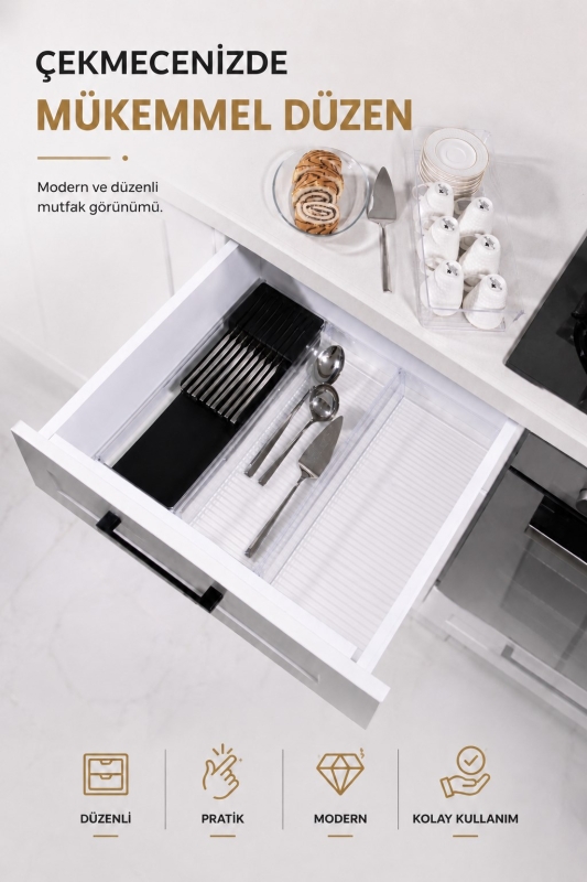 Çekmece İçi Bıçaklık Organizer Bölmeli Mutfak Düzenleyici Siyah S-11029 - 1