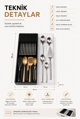 Çekmece İçi Bıçaklık Organizer Bölmeli Mutfak Düzenleyici Siyah S-11029 - 8