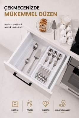 Çekmece İçi Kaşıklık Organizer Bölmeli Mutfak Düzenleyici Beyaz S-11030 - Fevito