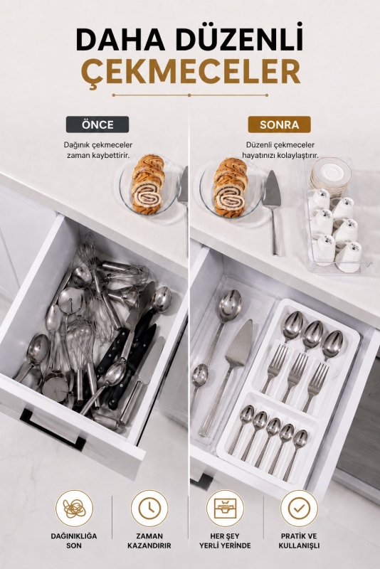 Çekmece İçi Kaşıklık Organizer Bölmeli Mutfak Düzenleyici Beyaz S-11030 - 2