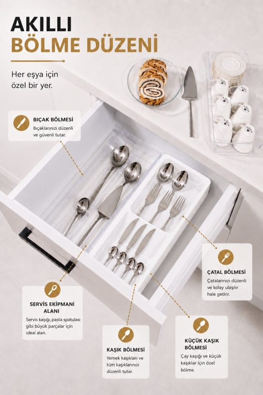 Çekmece İçi Kaşıklık Organizer Bölmeli Mutfak Düzenleyici Beyaz S-11030 - 3