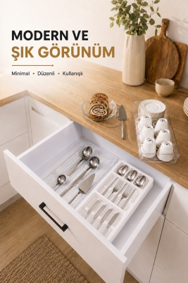 Çekmece İçi Kaşıklık Organizer Bölmeli Mutfak Düzenleyici Beyaz S-11030 - 5
