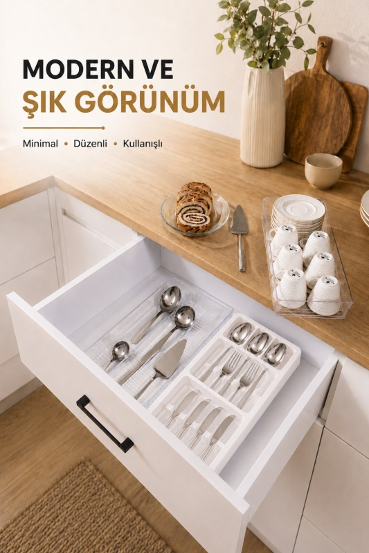 Çekmece İçi Kaşıklık Organizer Bölmeli Mutfak Düzenleyici Beyaz S-11030 - 5