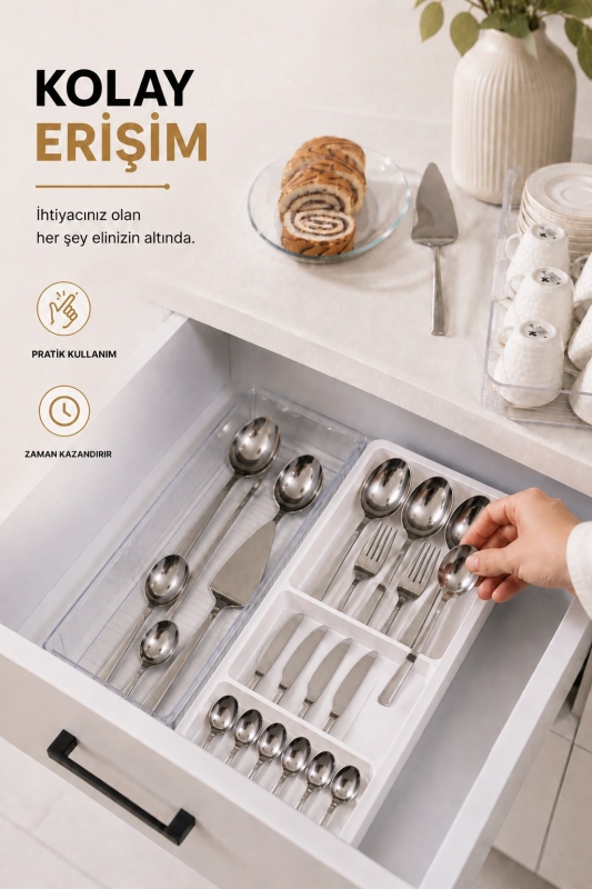 Çekmece İçi Kaşıklık Organizer Bölmeli Mutfak Düzenleyici Beyaz S-11030 - 6