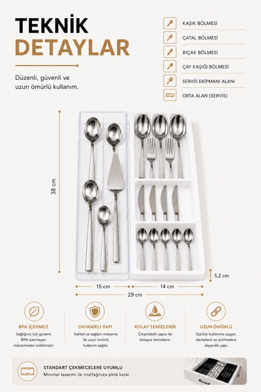 Çekmece İçi Kaşıklık Organizer Bölmeli Mutfak Düzenleyici Beyaz S-11030 - 8