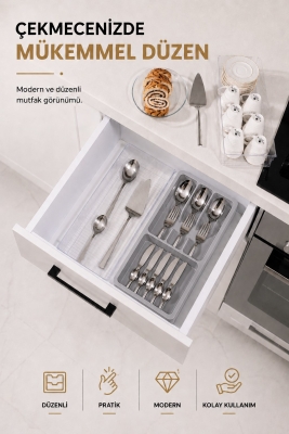 Çekmece İçi Kaşıklık Organizer Bölmeli Mutfak Düzenleyici Gri S-11030 - Fevito