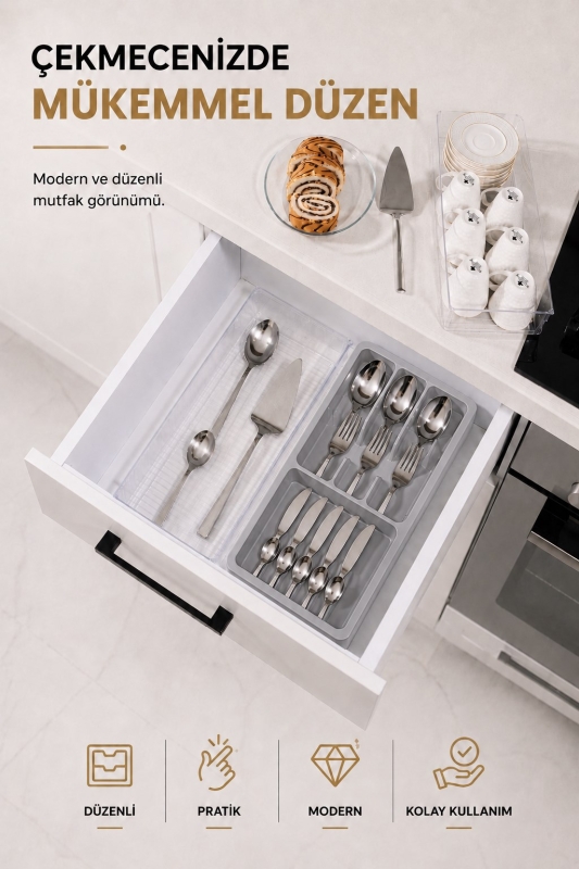 Çekmece İçi Kaşıklık Organizer Bölmeli Mutfak Düzenleyici Gri S-11030 - 1