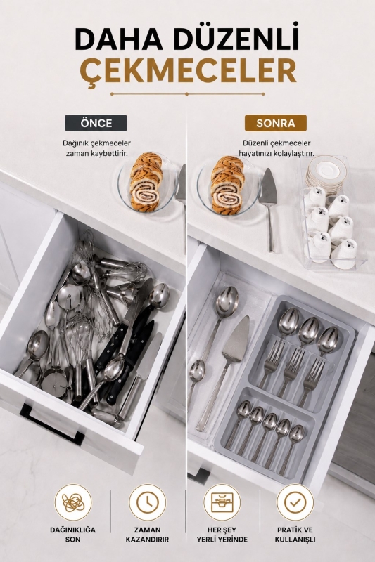 Çekmece İçi Kaşıklık Organizer Bölmeli Mutfak Düzenleyici Gri S-11030 - 2