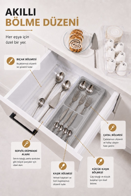 Çekmece İçi Kaşıklık Organizer Bölmeli Mutfak Düzenleyici Gri S-11030 - 3