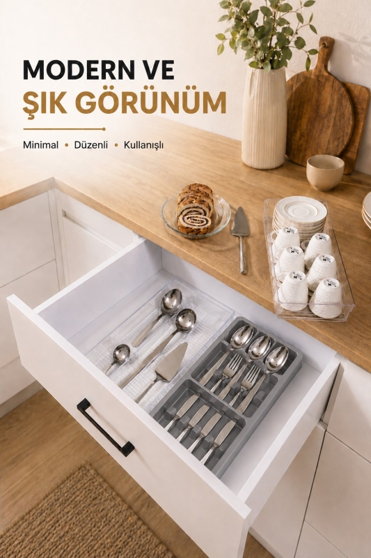 Çekmece İçi Kaşıklık Organizer Bölmeli Mutfak Düzenleyici Gri S-11030 - 5