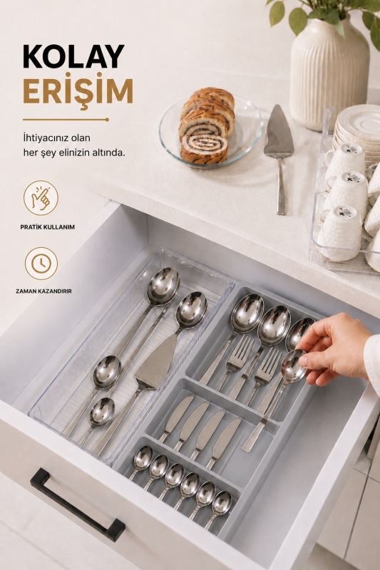 Çekmece İçi Kaşıklık Organizer Bölmeli Mutfak Düzenleyici Gri S-11030 - 6