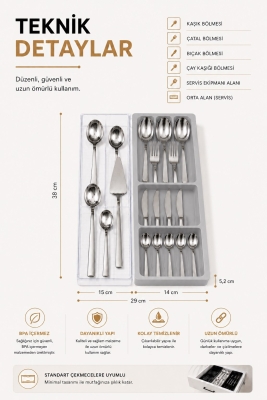 Çekmece İçi Kaşıklık Organizer Bölmeli Mutfak Düzenleyici Gri S-11030 - 8