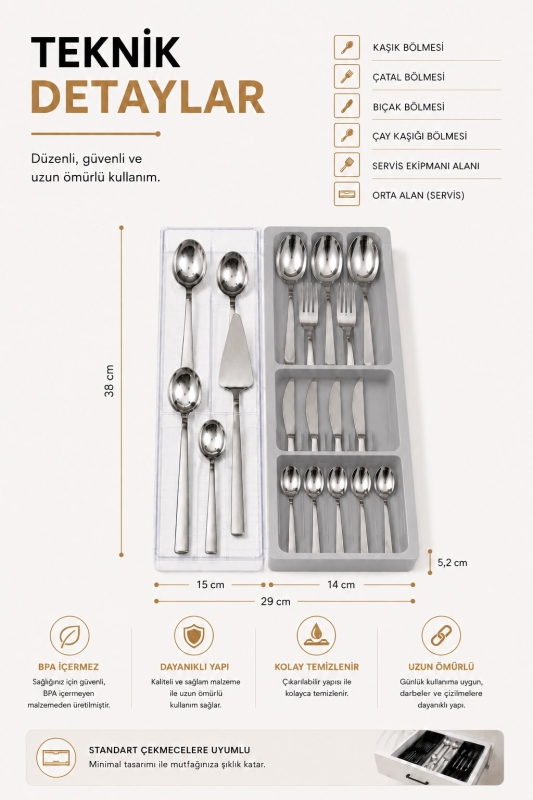 Çekmece İçi Kaşıklık Organizer Bölmeli Mutfak Düzenleyici Gri S-11030 - 8