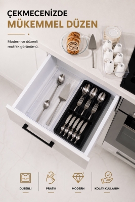 Çekmece İçi Kaşıklık Organizer Bölmeli Mutfak Düzenleyici Siyah S-11030 - Fevito