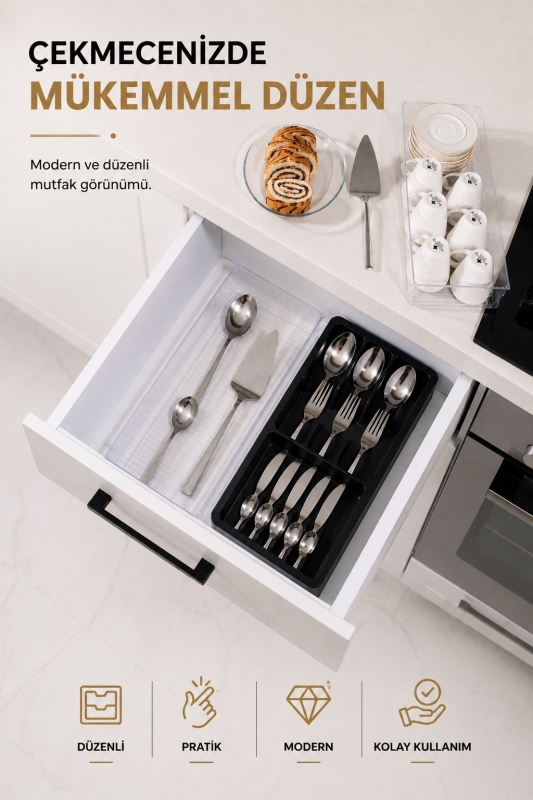 Çekmece İçi Kaşıklık Organizer Bölmeli Mutfak Düzenleyici Siyah S-11030 - 1
