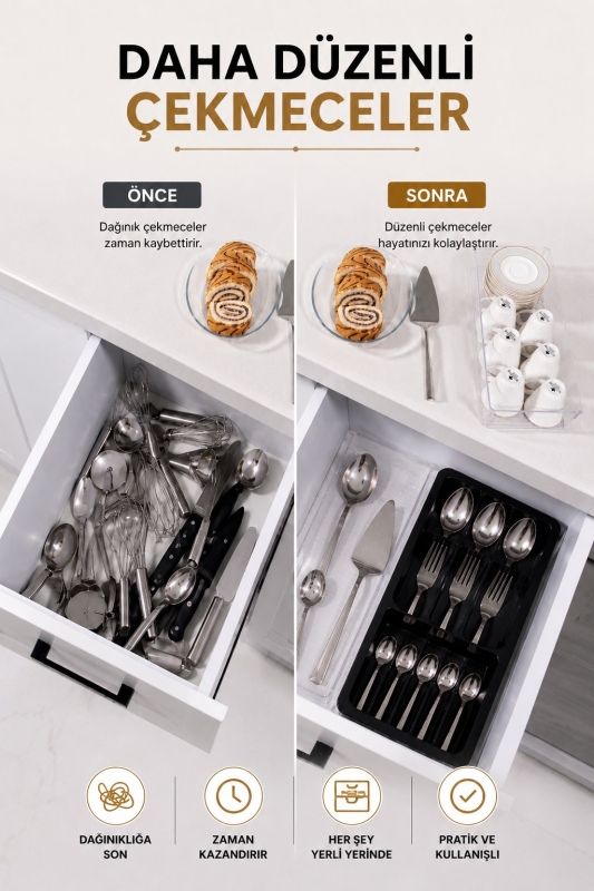 Çekmece İçi Kaşıklık Organizer Bölmeli Mutfak Düzenleyici Siyah S-11030 - 2