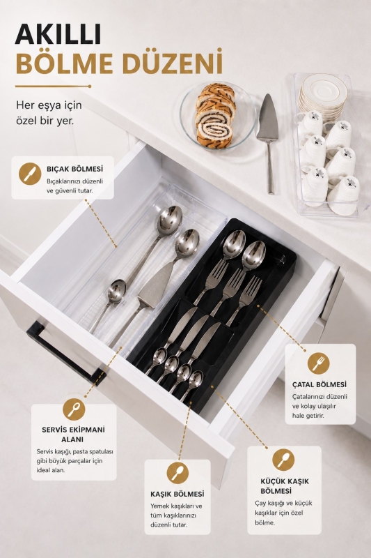 Çekmece İçi Kaşıklık Organizer Bölmeli Mutfak Düzenleyici Siyah S-11030 - 3