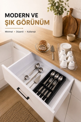 Çekmece İçi Kaşıklık Organizer Bölmeli Mutfak Düzenleyici Siyah S-11030 - 5