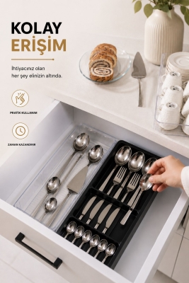 Çekmece İçi Kaşıklık Organizer Bölmeli Mutfak Düzenleyici Siyah S-11030 - 6
