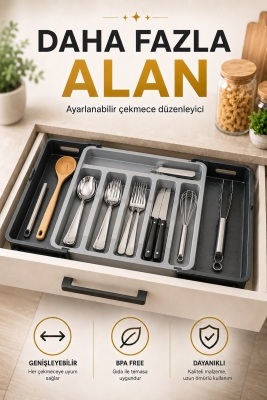 Çift Taraflı Uzayabilen Pratik Çekmece İçi Kaşıklık Organizer Çekmece Düzenleyici - Fevito
