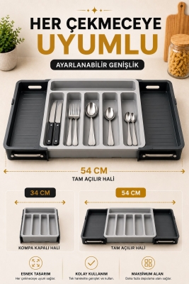 Çift Taraflı Uzayabilen Pratik Çekmece İçi Kaşıklık Organizer Çekmece Düzenleyici - 3
