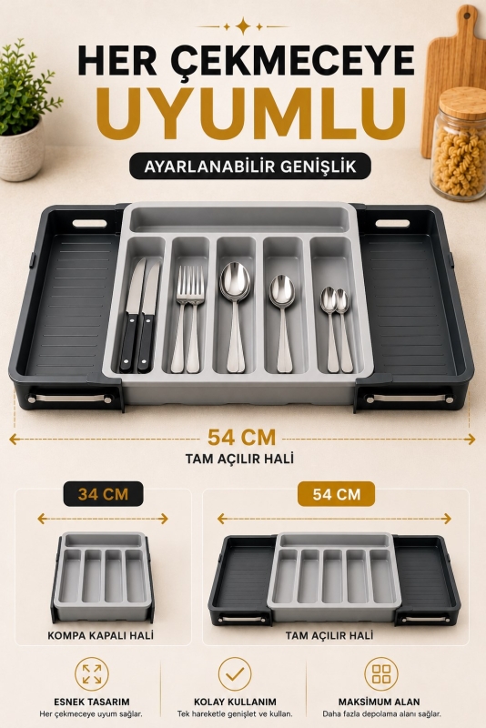 Çift Taraflı Uzayabilen Pratik Çekmece İçi Kaşıklık Organizer Çekmece Düzenleyici - 3