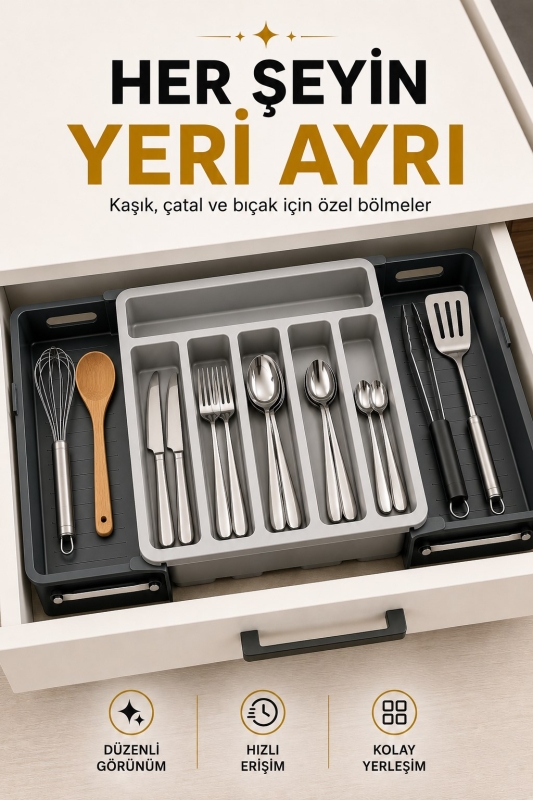 Çift Taraflı Uzayabilen Pratik Çekmece İçi Kaşıklık Organizer Çekmece Düzenleyici - 4