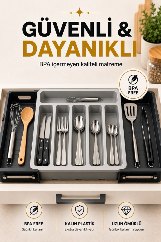 Çift Taraflı Uzayabilen Pratik Çekmece İçi Kaşıklık Organizer Çekmece Düzenleyici - 5