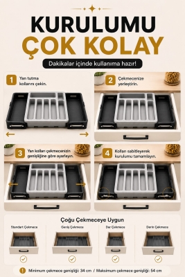 Çift Taraflı Uzayabilen Pratik Çekmece İçi Kaşıklık Organizer Çekmece Düzenleyici - 6