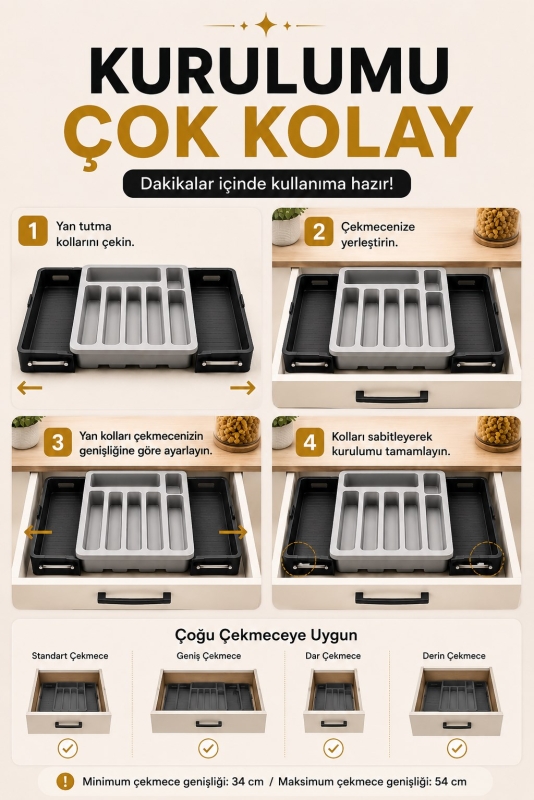 Çift Taraflı Uzayabilen Pratik Çekmece İçi Kaşıklık Organizer Çekmece Düzenleyici - 6