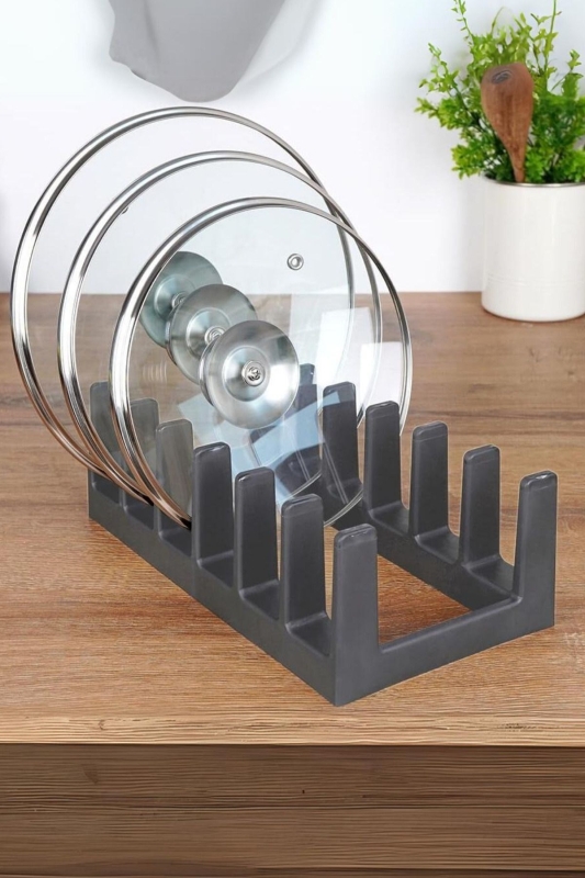 Çok Amaçlı Tabak Tava Tencere Kapağı Düzenleyici – Plastik Çekmece & Dolap İçi Organizer (Gri) - 6