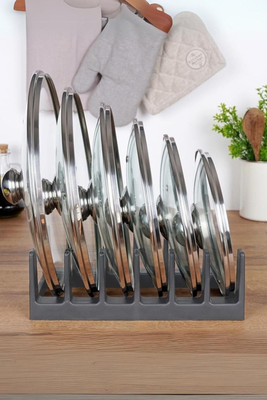 Çok Amaçlı Tabak Tava Tencere Kapağı Düzenleyici – Plastik Çekmece & Dolap İçi Organizer (Gri) - 7