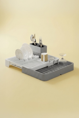 Gri - Uzayabilir Sürgülü Bulaşık Sepeti, Lavabo/Tezgah Üstü Açılır Kapanır Bulaşıklık Kurutma Sepeti - Fevito