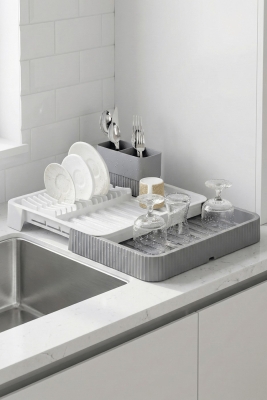 Gri - Uzayabilir Sürgülü Bulaşık Sepeti, Lavabo/Tezgah Üstü Açılır Kapanır Bulaşıklık Kurutma Sepeti - 2