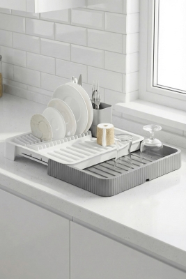 Gri - Uzayabilir Sürgülü Bulaşık Sepeti, Lavabo/Tezgah Üstü Açılır Kapanır Bulaşıklık Kurutma Sepeti - 3