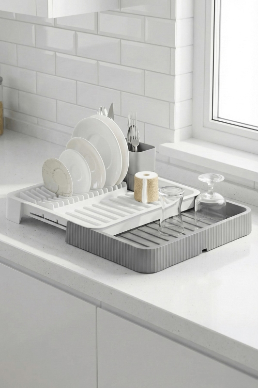 Gri - Uzayabilir Sürgülü Bulaşık Sepeti, Lavabo/Tezgah Üstü Açılır Kapanır Bulaşıklık Kurutma Sepeti - 3