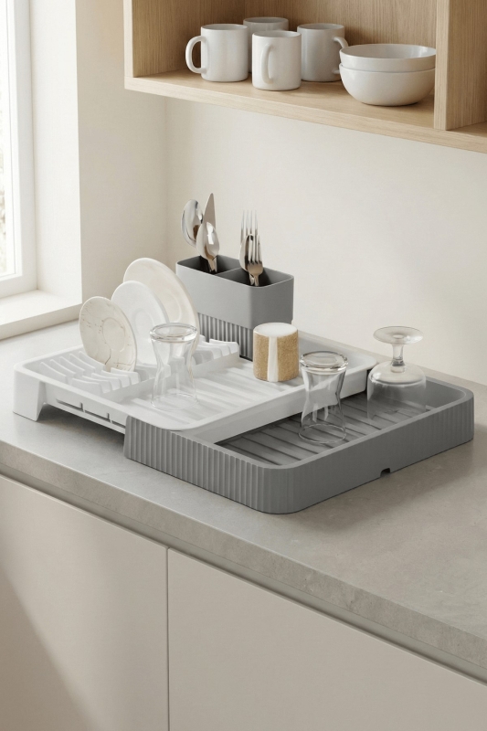 Gri - Uzayabilir Sürgülü Bulaşık Sepeti, Lavabo/Tezgah Üstü Açılır Kapanır Bulaşıklık Kurutma Sepeti - 4