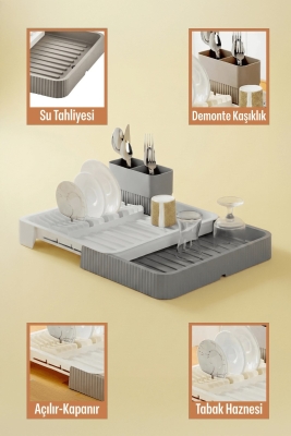 Gri - Uzayabilir Sürgülü Bulaşık Sepeti, Lavabo/Tezgah Üstü Açılır Kapanır Bulaşıklık Kurutma Sepeti - 5