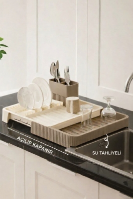 Krem Uzayabilir Sürgülü Bulaşık Sepeti, Lavabo/Tezgah Üstü Açılır Kapanır Bulaşıklık Kurutma Sepeti - Fevito