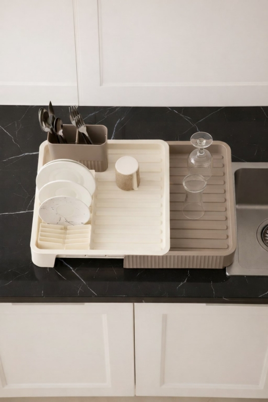 Krem Uzayabilir Sürgülü Bulaşık Sepeti, Lavabo/Tezgah Üstü Açılır Kapanır Bulaşıklık Kurutma Sepeti - 2