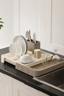 Krem Uzayabilir Sürgülü Bulaşık Sepeti, Lavabo/Tezgah Üstü Açılır Kapanır Bulaşıklık Kurutma Sepeti - 3