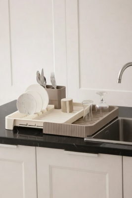 Krem Uzayabilir Sürgülü Bulaşık Sepeti, Lavabo/Tezgah Üstü Açılır Kapanır Bulaşıklık Kurutma Sepeti - 4