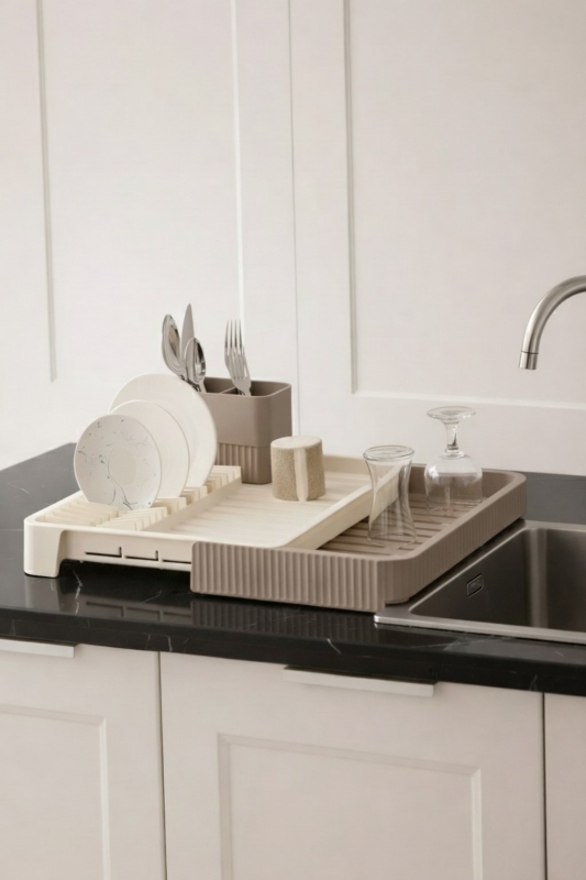 Krem Uzayabilir Sürgülü Bulaşık Sepeti, Lavabo/Tezgah Üstü Açılır Kapanır Bulaşıklık Kurutma Sepeti - 4