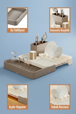 Krem Uzayabilir Sürgülü Bulaşık Sepeti, Lavabo/Tezgah Üstü Açılır Kapanır Bulaşıklık Kurutma Sepeti - 7