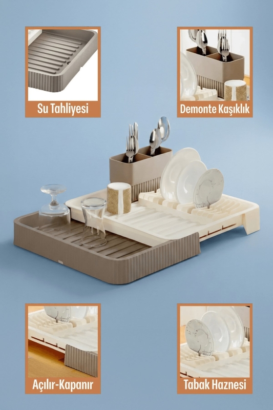 Krem Uzayabilir Sürgülü Bulaşık Sepeti, Lavabo/Tezgah Üstü Açılır Kapanır Bulaşıklık Kurutma Sepeti - 7